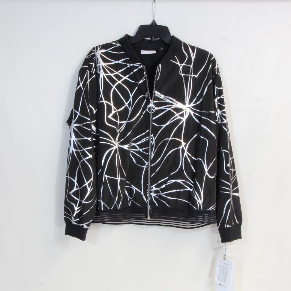 DKNY Sport Women's Black Metallic-Print Cropped Bomber Jacket Size Medium NWT